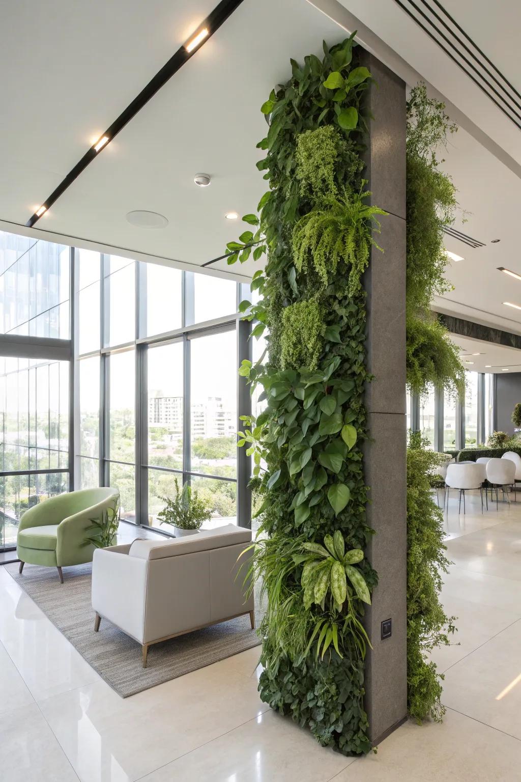 A modern interior featuring a vertical garden.