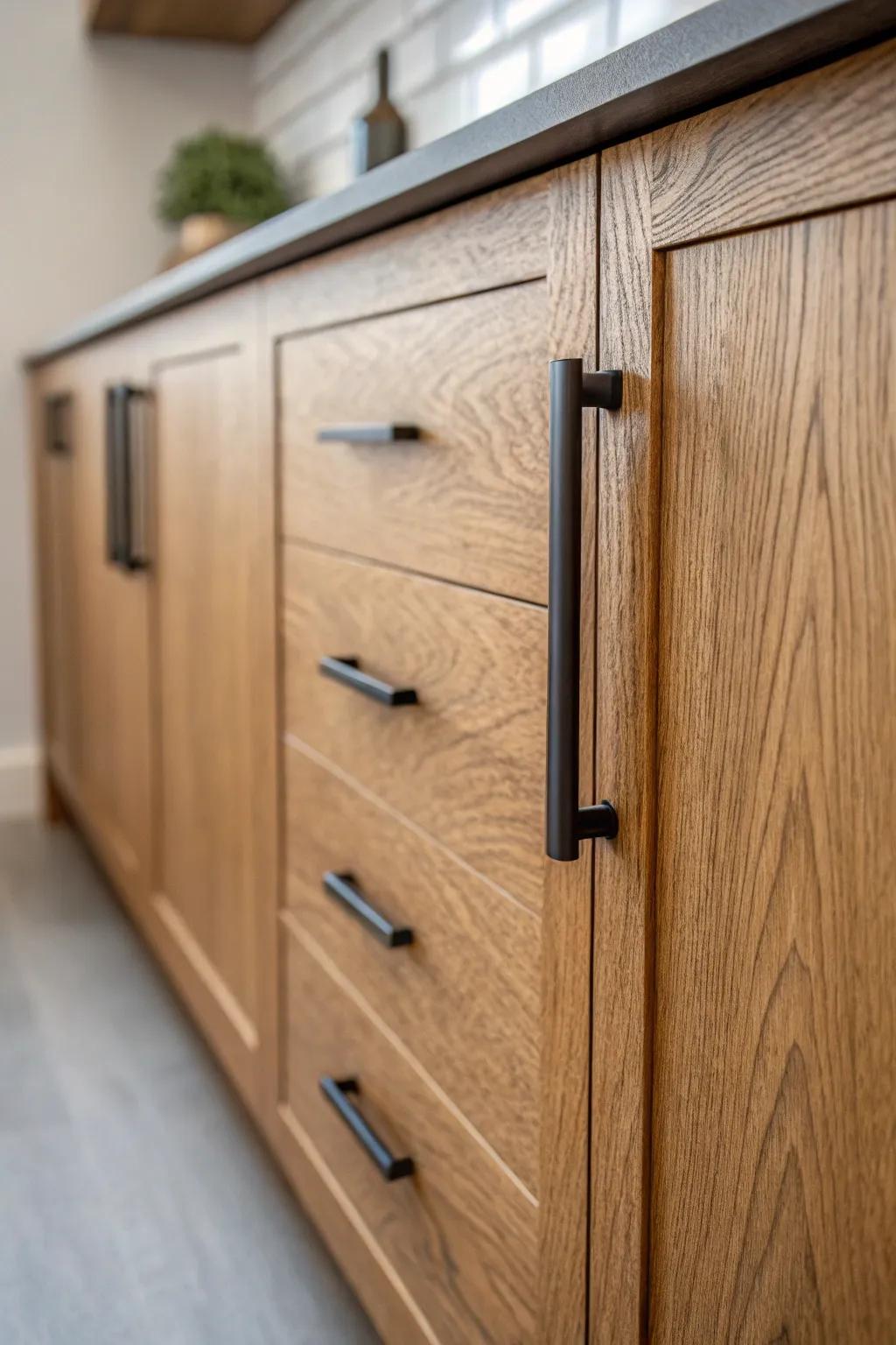 Modern hardware infuses sophistication into kitchens featuring oak.