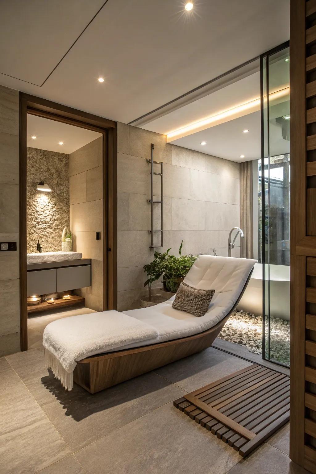 A relaxation nook provides a serene retreat in this bathroom.