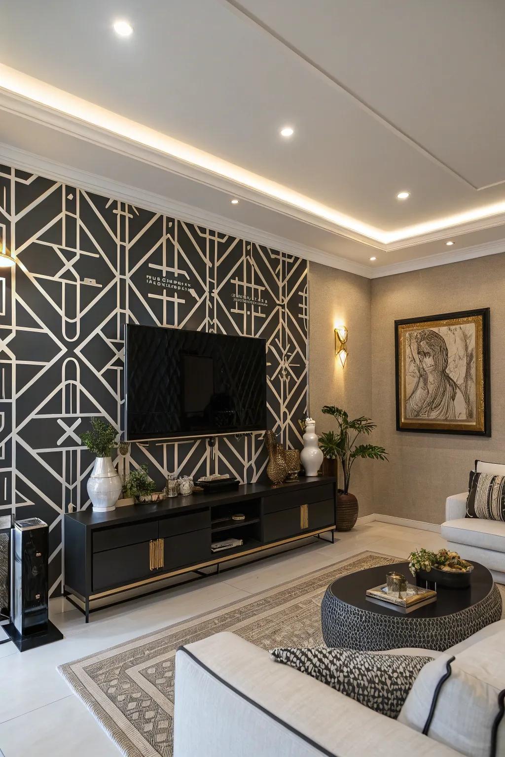 Midnight and ivory geometric patterns bring a chic and artistic touch to this living room.