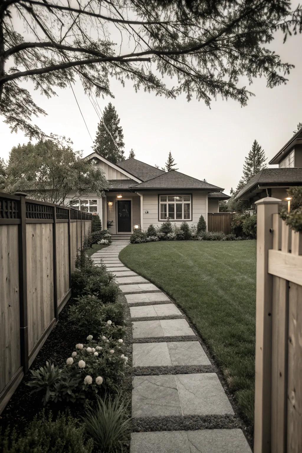 A monochrome color scheme creating a sleek look in a contemporary front yard.