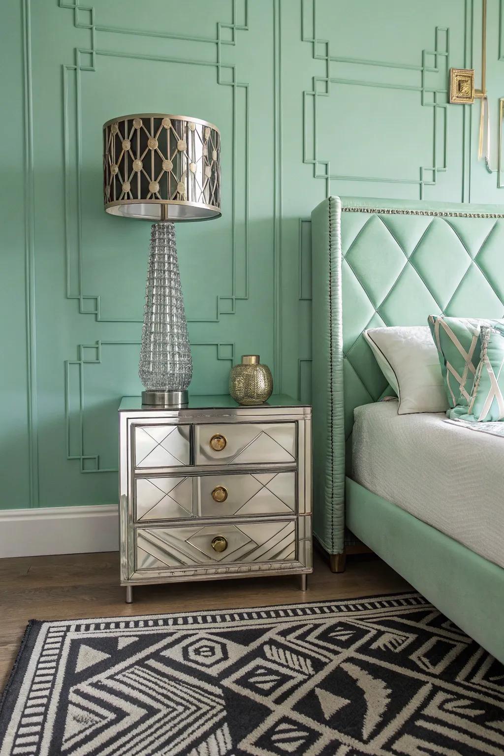 Art Deco elements in a mint green bedroom.