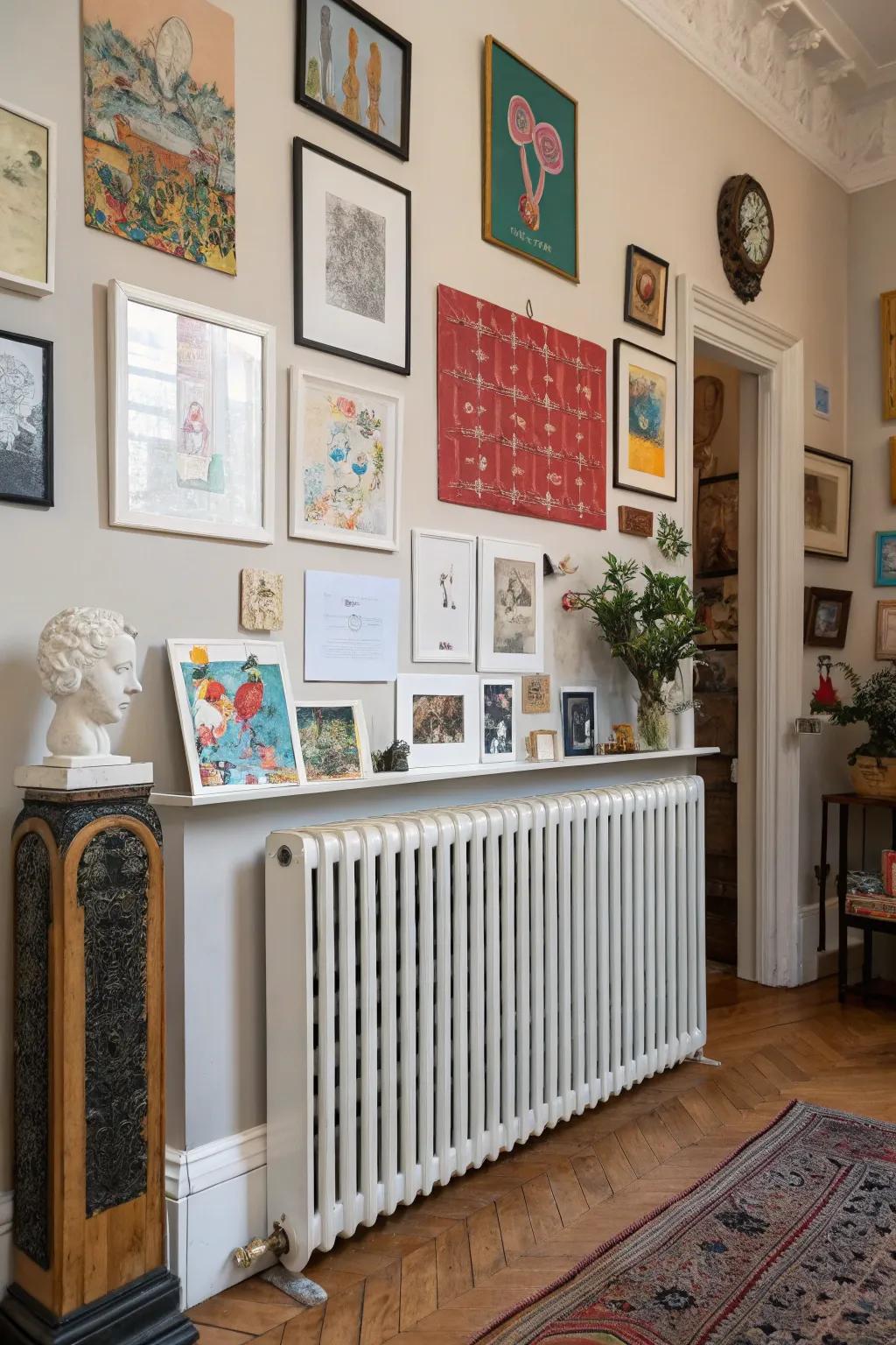 A radiator cover with interchangeable magnetic art panels.