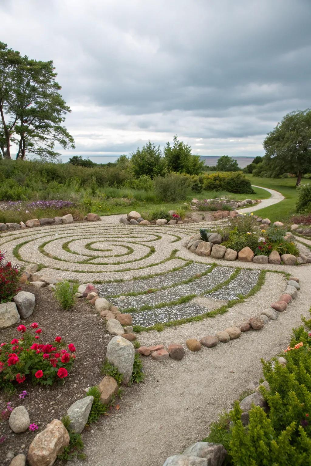 A mineral maze provides a path for meditation and reflection.