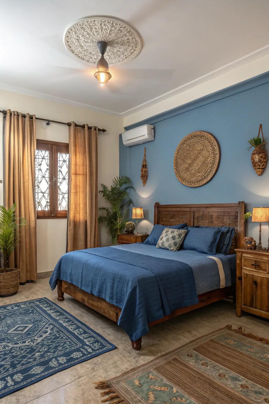 Earthy tones and indigo create a harmonious and grounded aesthetic.