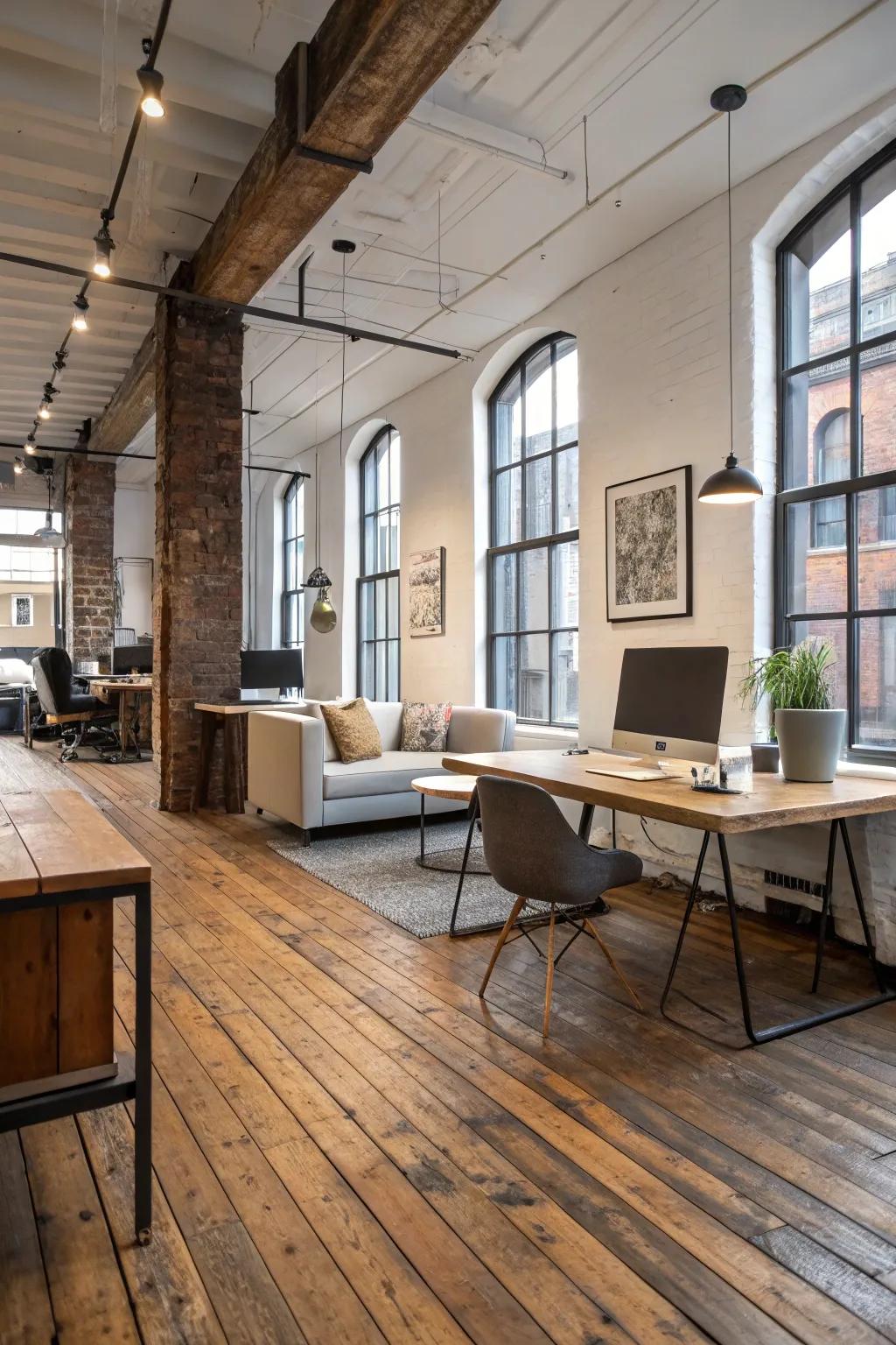 Weathered floors ground the design and infuse warmth into the office.