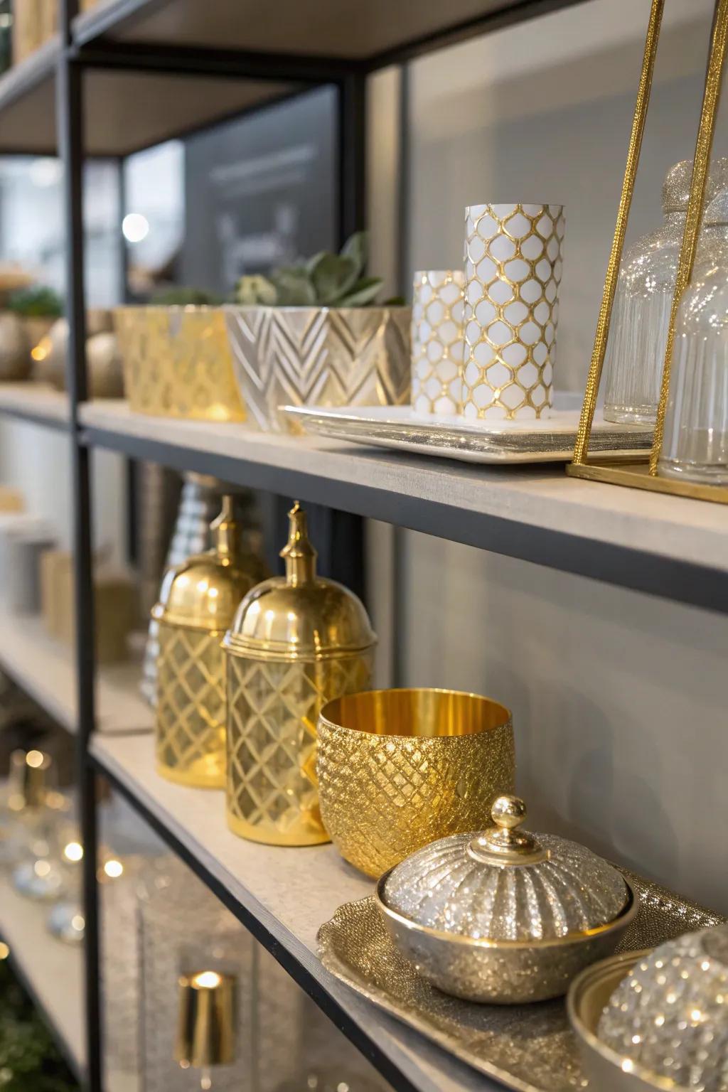 Elevate elegance with shiny touches on your shelf.