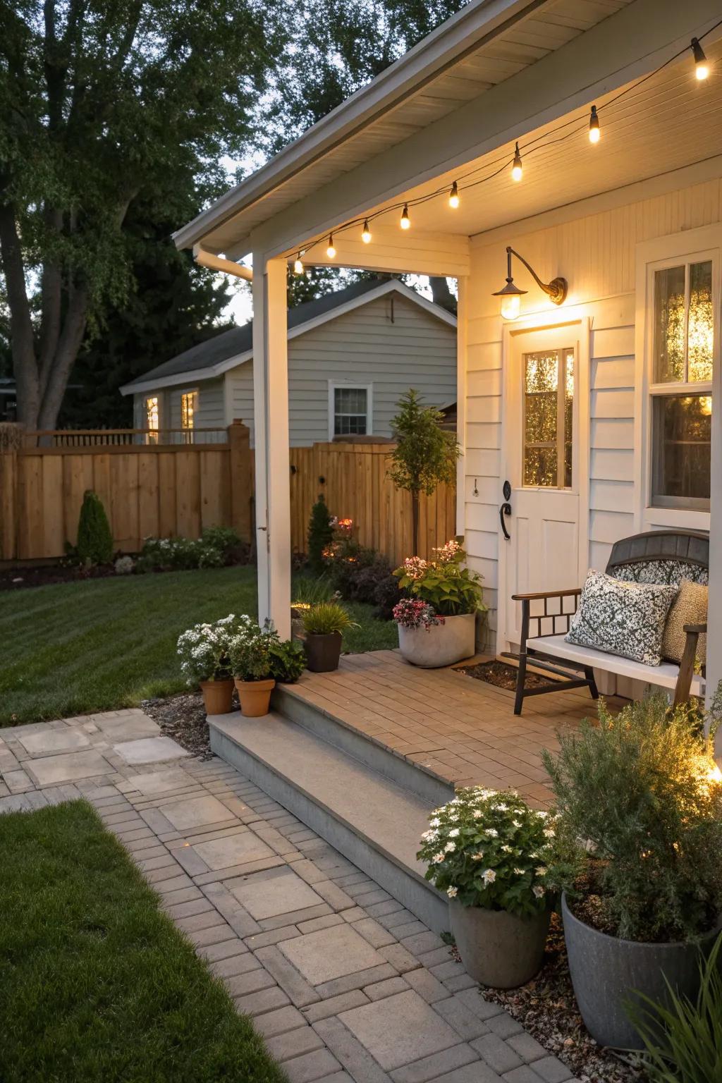 A petite front porch with modern intelligent lighting for amplified ambiance.