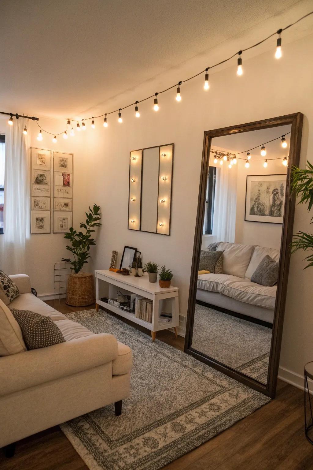 A small living space employing looking glasses to reflect light as well as extend space.