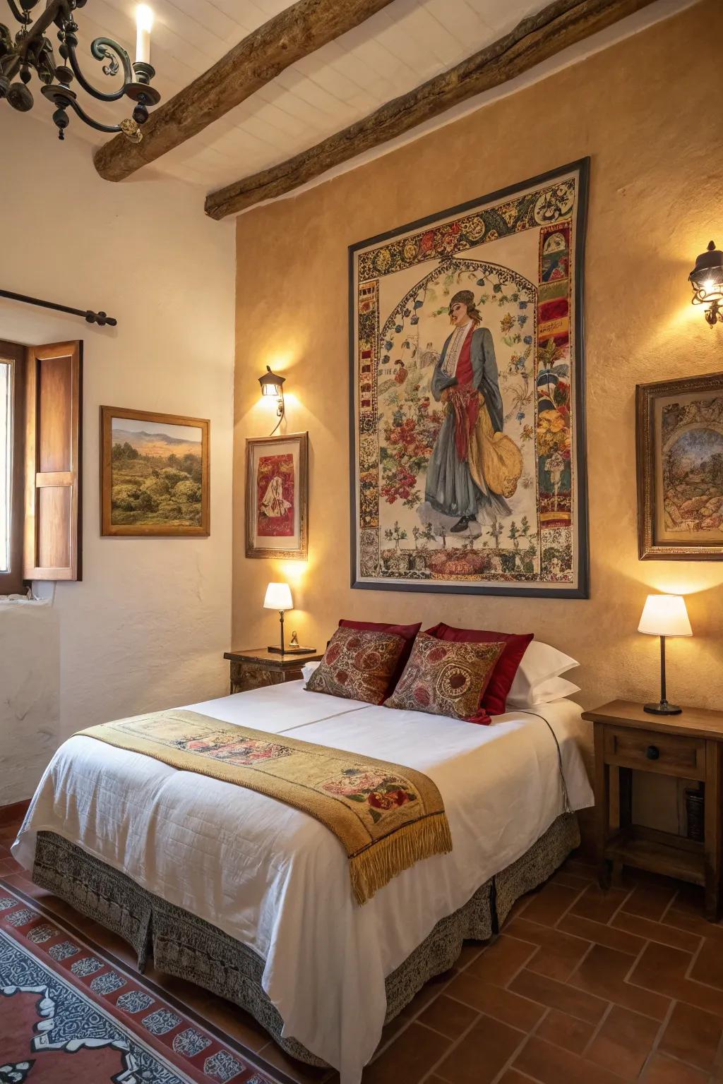 Traditional Spanish creations add cultural depth to a modern Spanish bedroom.