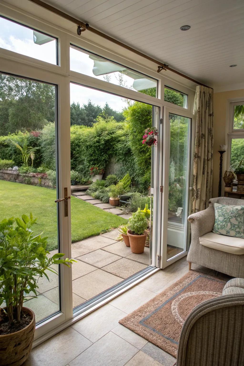 Sliding glass doors connect this sunroom to the outdoors.