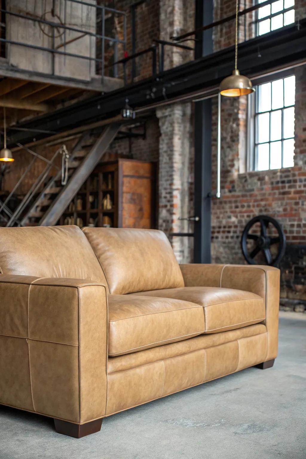 Industrial style elements add an edge to a family room.