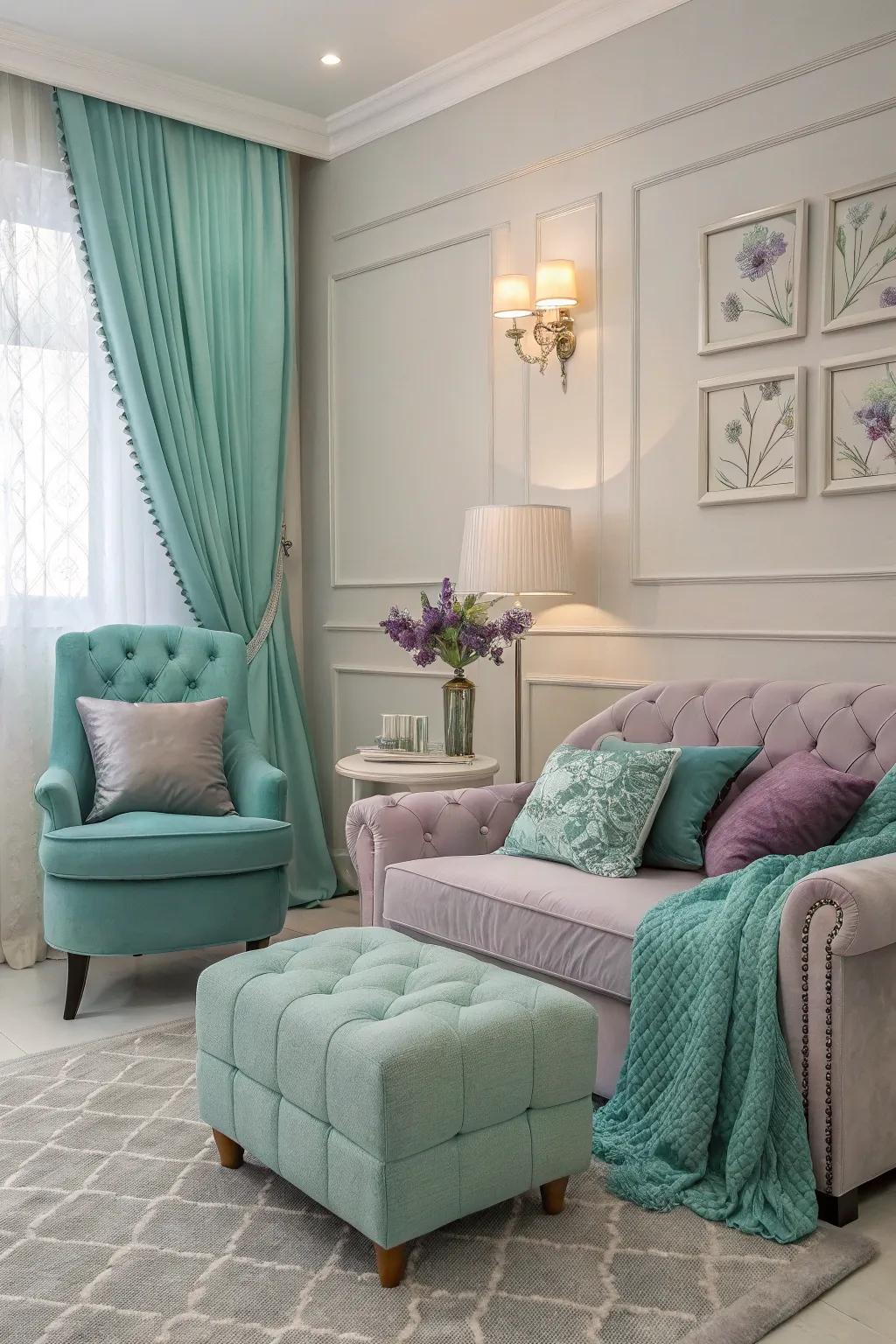 Subtle lavender adds serenity to a sea-green and gray living room.