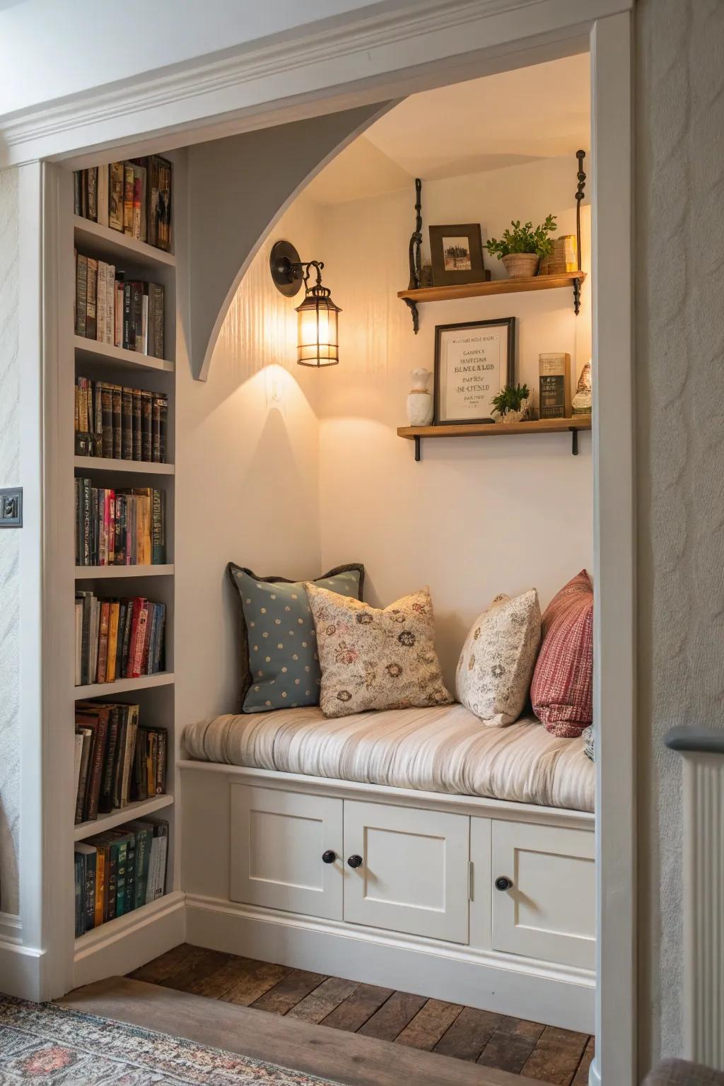 A wall niche transformed into a cozy reading nook with comfortable cushions and books.