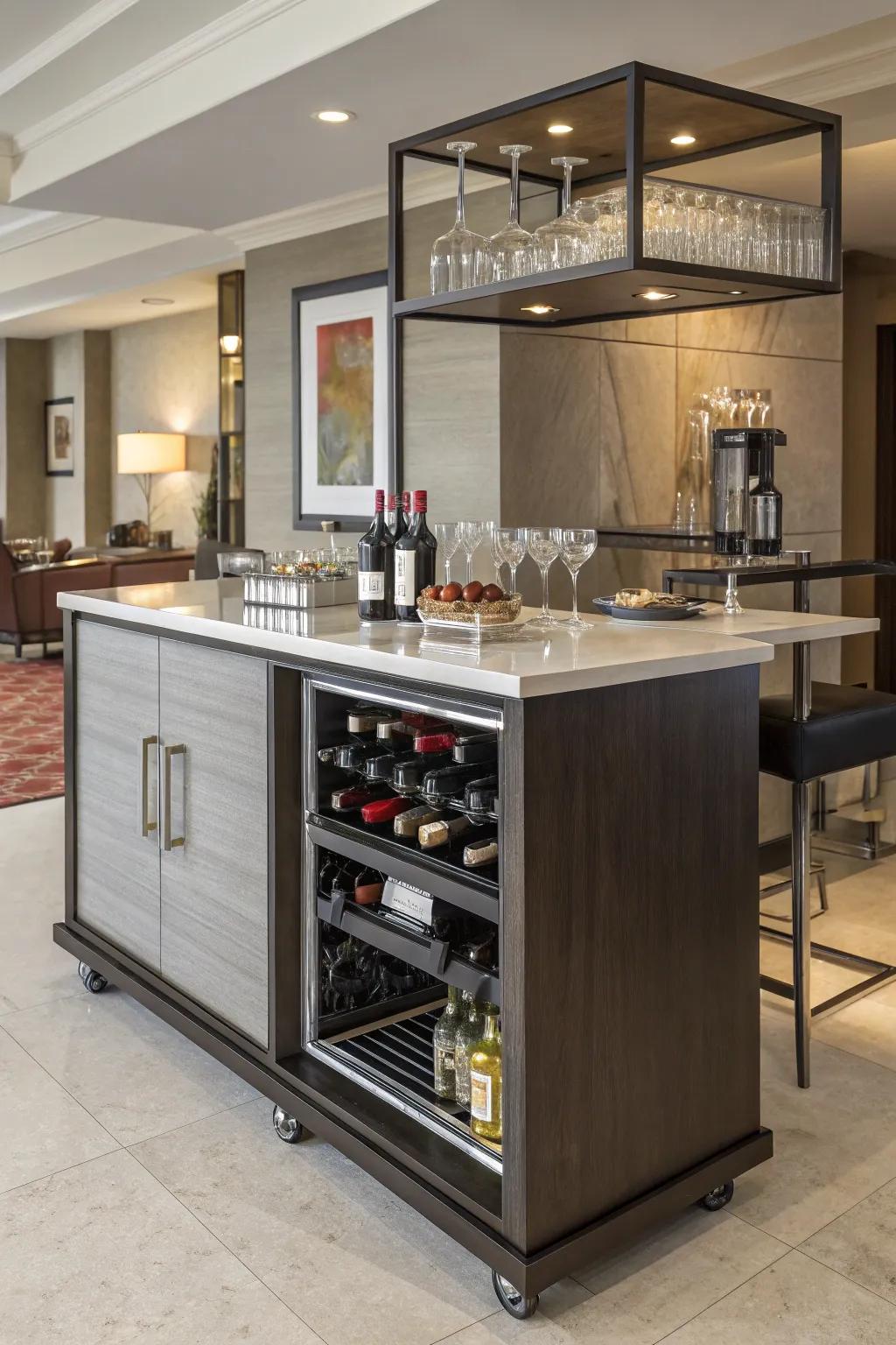 A bar cart adds versatility to your wet bar setup.
