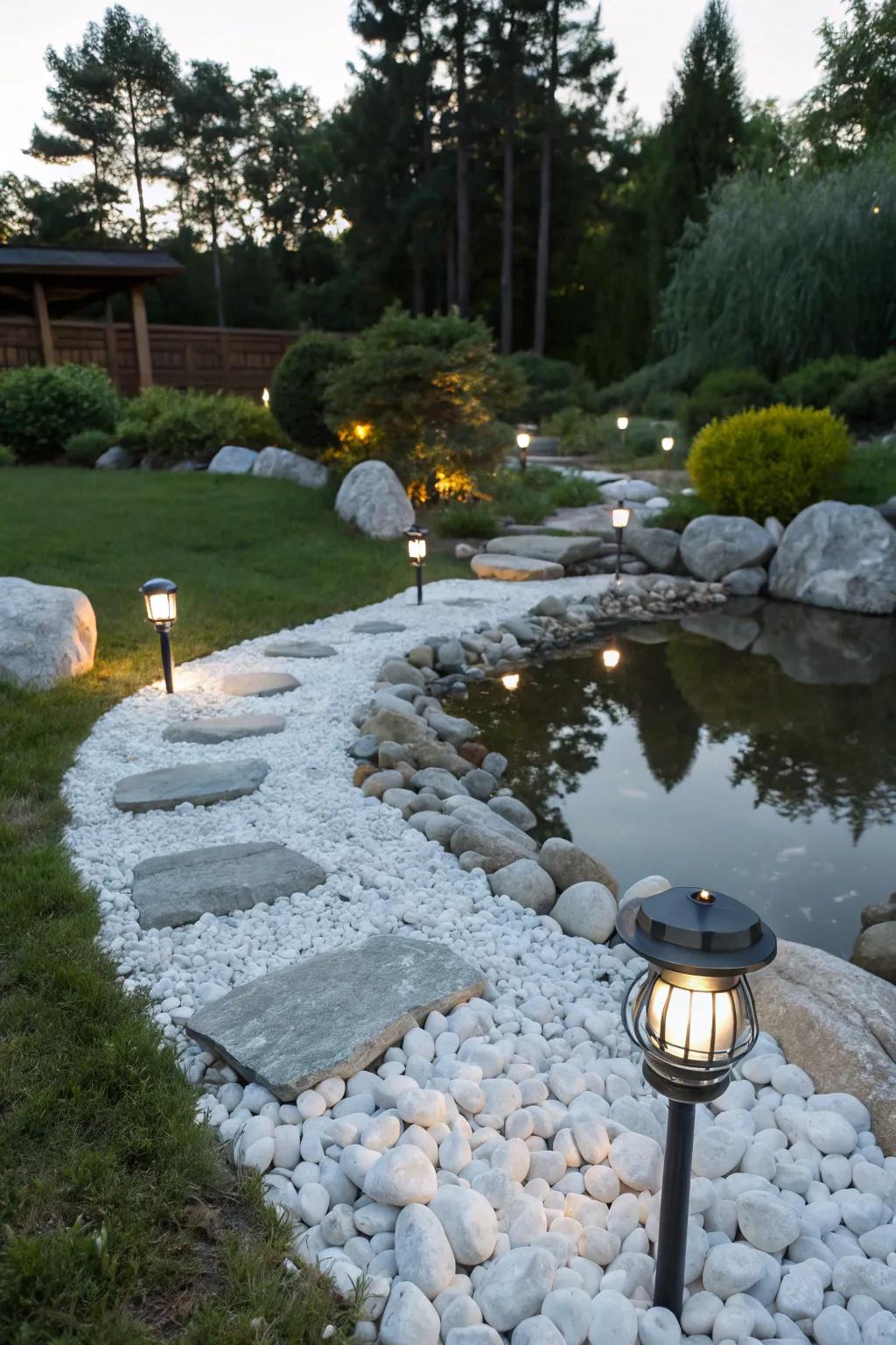 A magical garden scene with solar lights accentuating white stones, creating a twinkling wonderland.