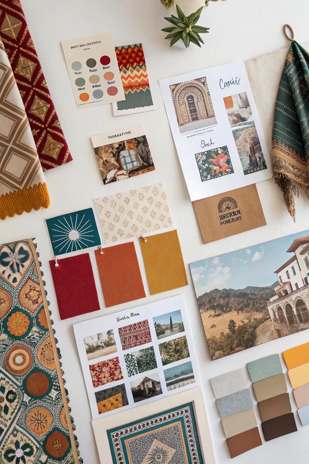 An eclectic mood board amalgamating various stylistic methodologies and constituent elements.