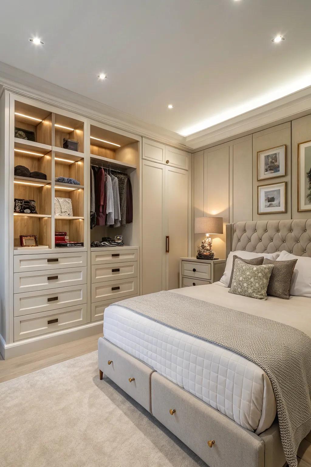 A bedroom with cleverly combined hidden storage solutions.