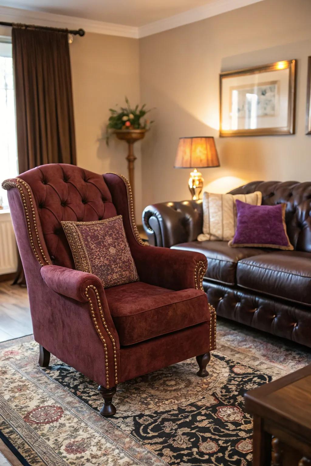 Luxurious furnishings enhancing a shadowy living area.
