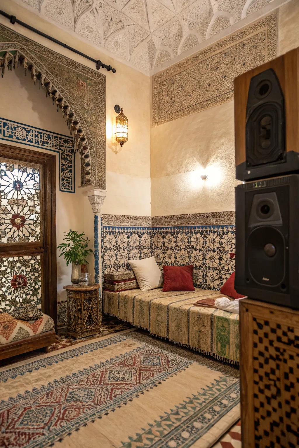 Ambient music completes the tranquil experience in Moroccan spaces.