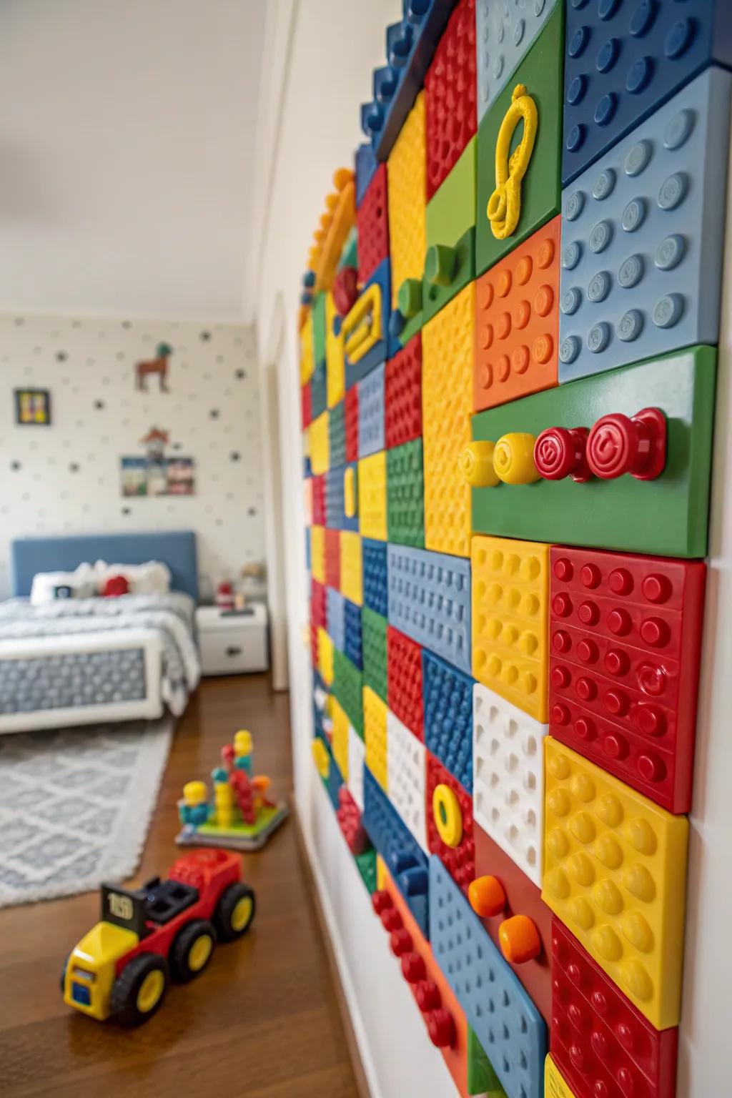 Plastic toys create a fun and imaginative mosaic design.