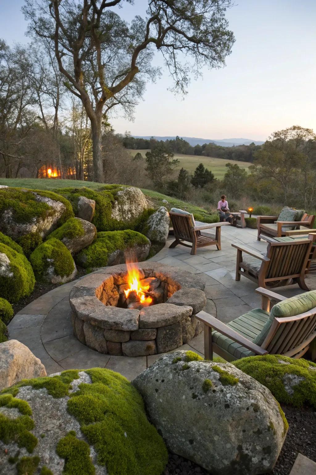 A welcoming fire pit area framed by lush moss rocks.