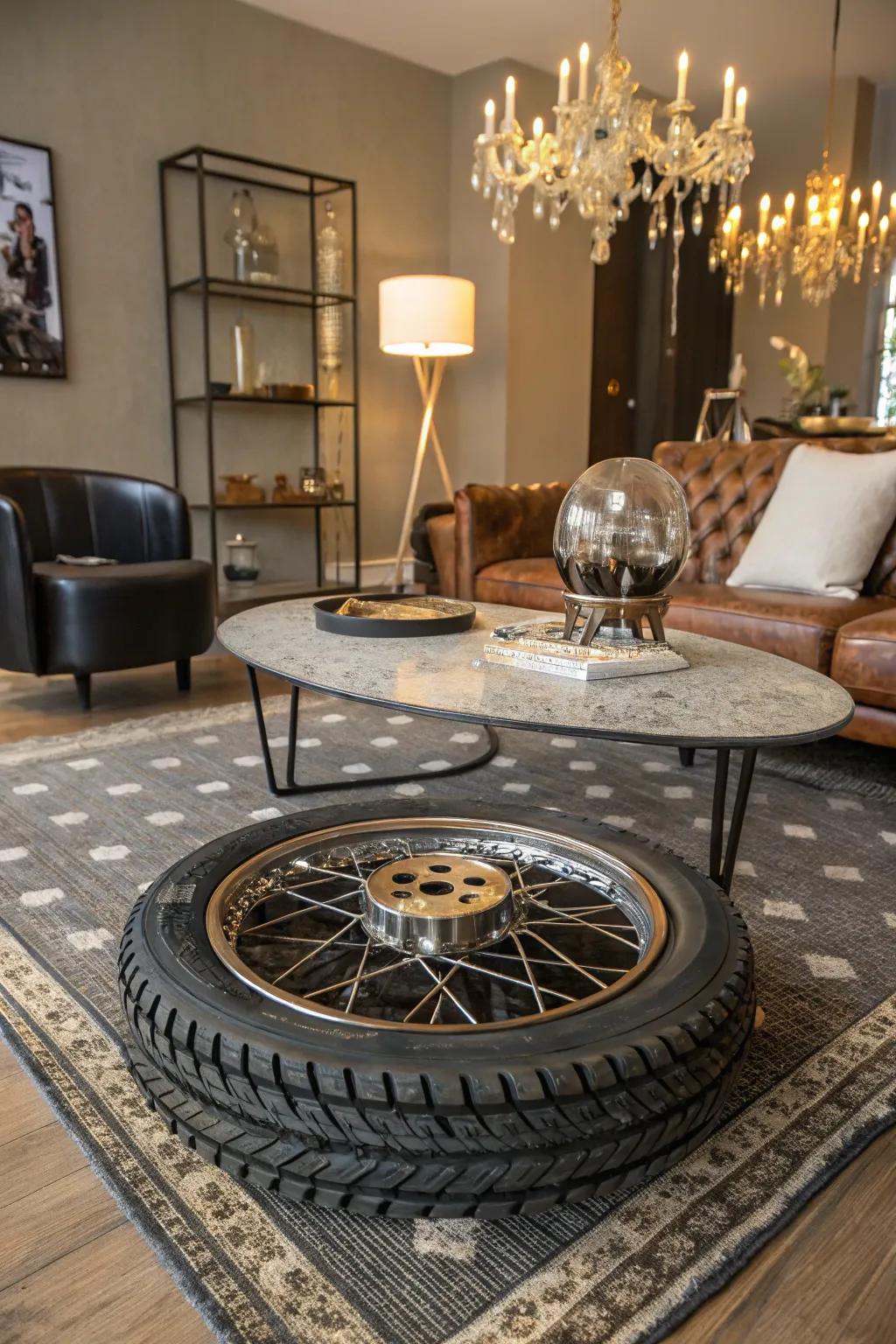A unique coffee table crafted from a bike wheel.