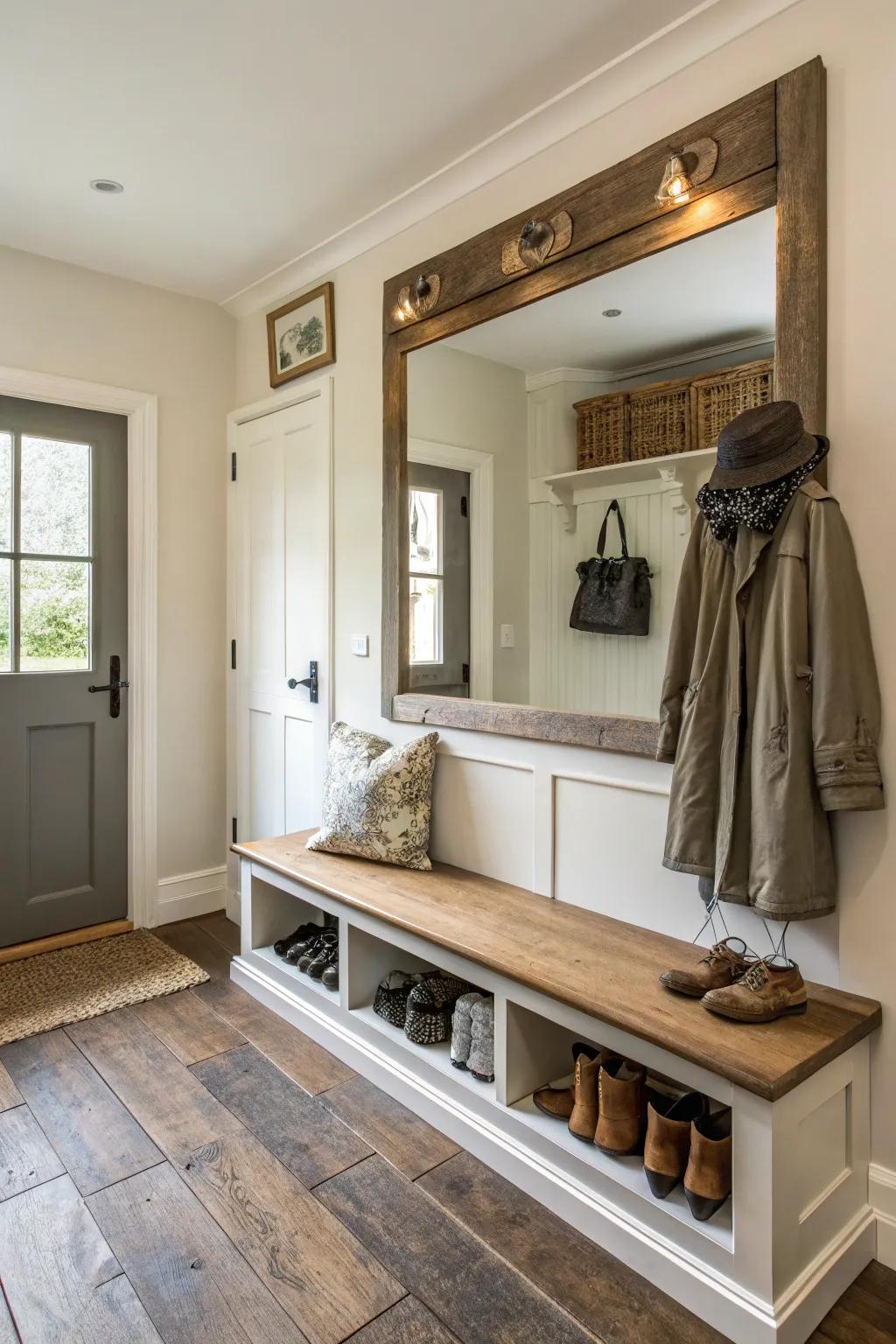 A spacious mudroom bench area enhanced by a strategically placed mirror.