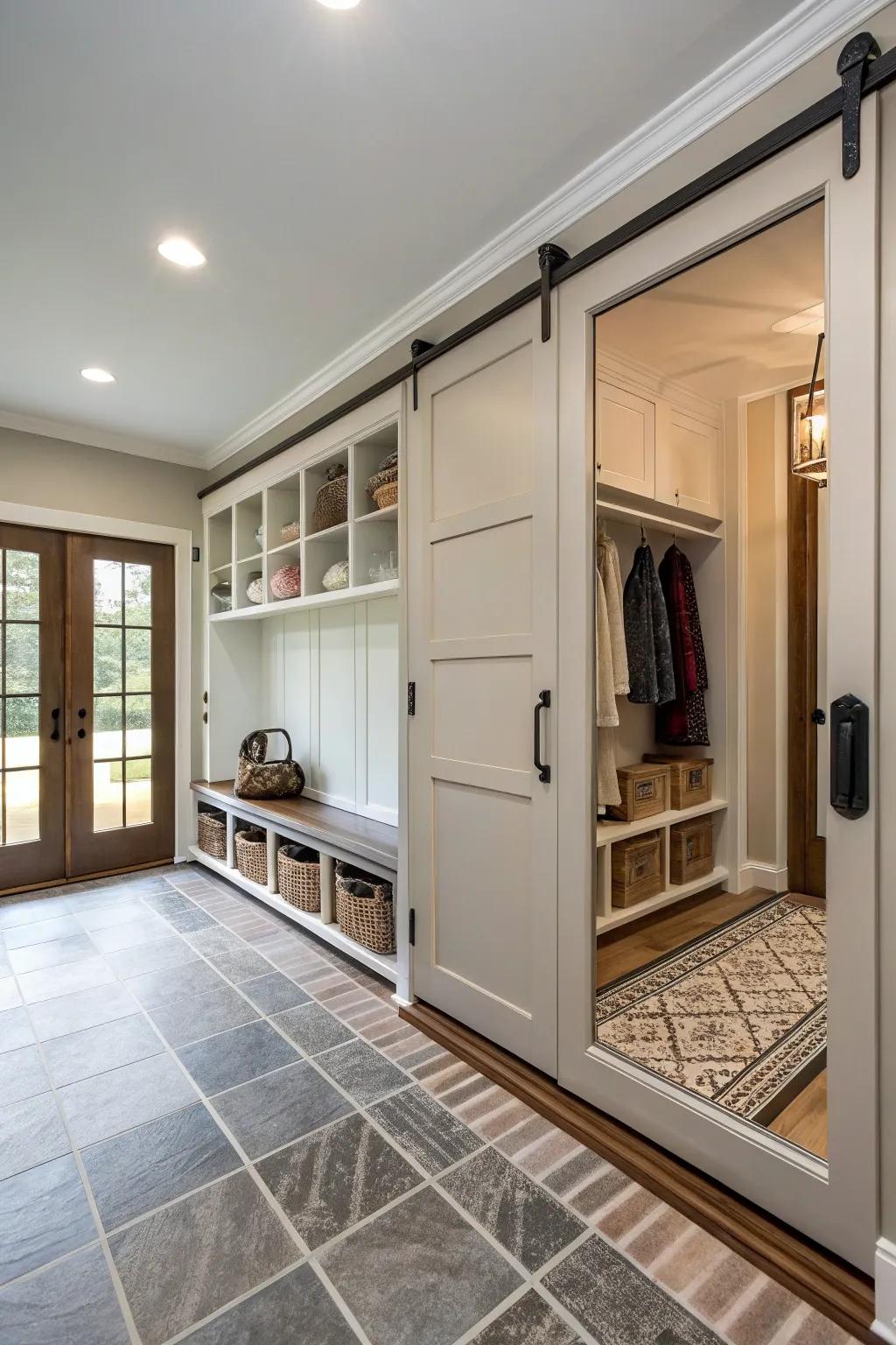 Pocket doors impart both elegance and function to compact areas.