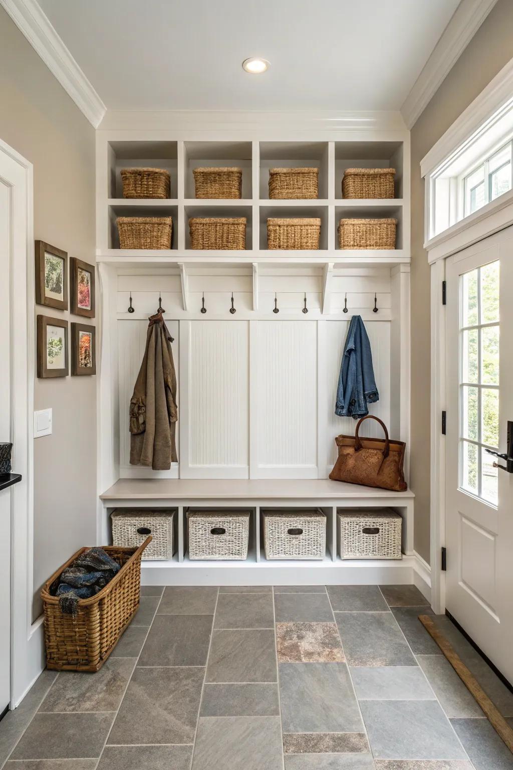A mudroom with decorations that are the same on both sides creates a balanced and peaceful look.