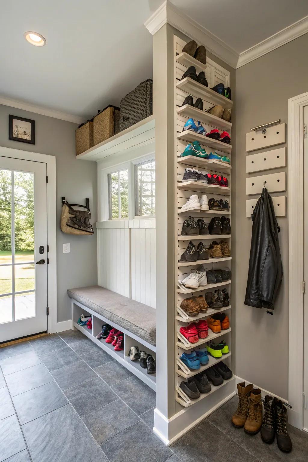 Mudroom featuring upright footwear racks to amplify space.