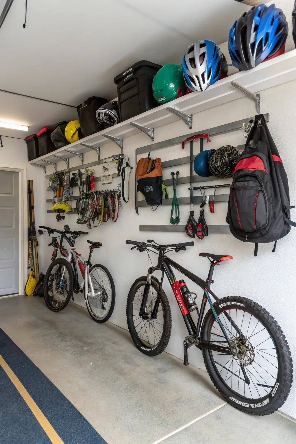 A garage used to store bikes and sports equipment.