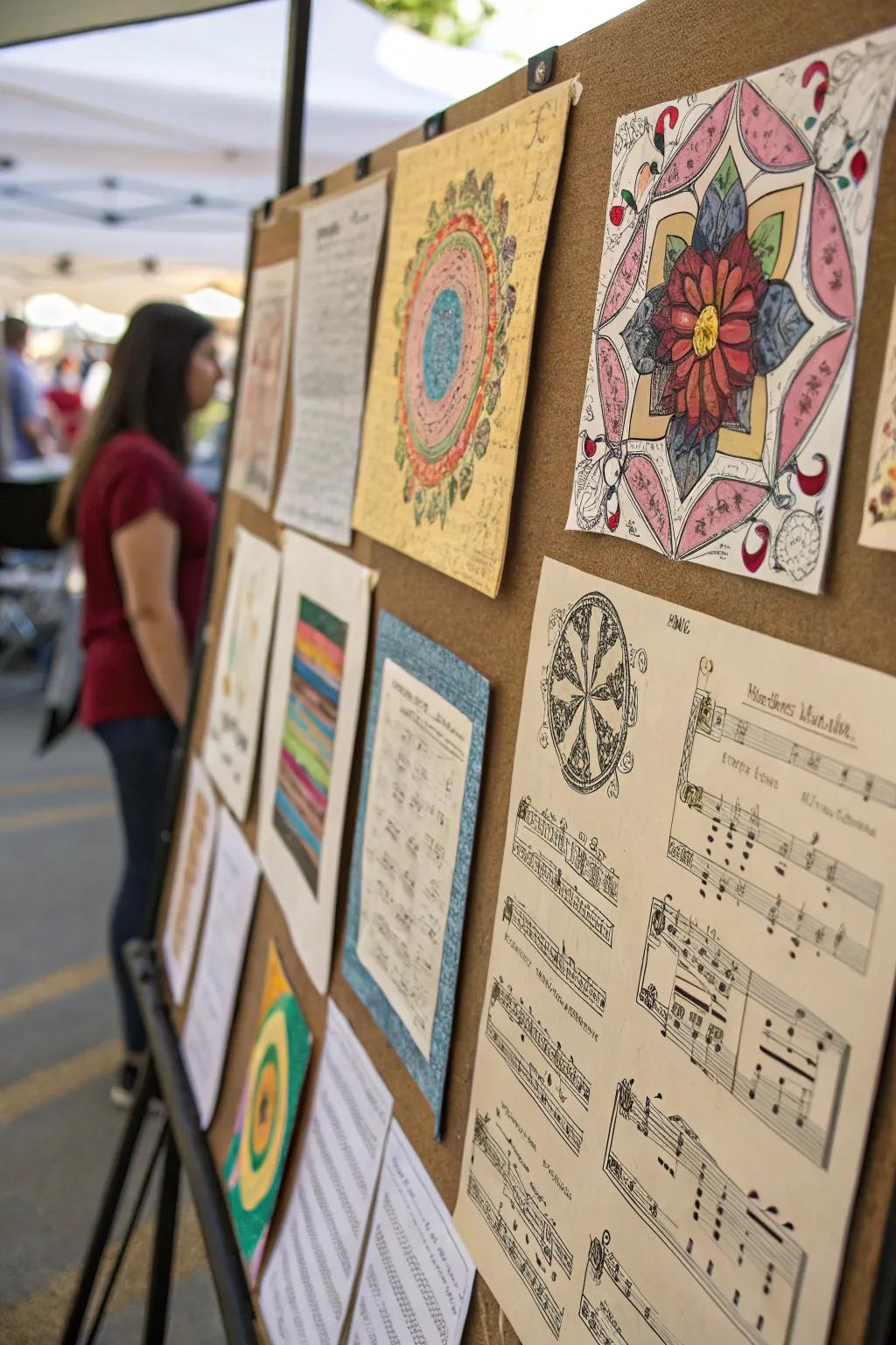 An artistic bulletin board showcasing creative uses of old music sheets.