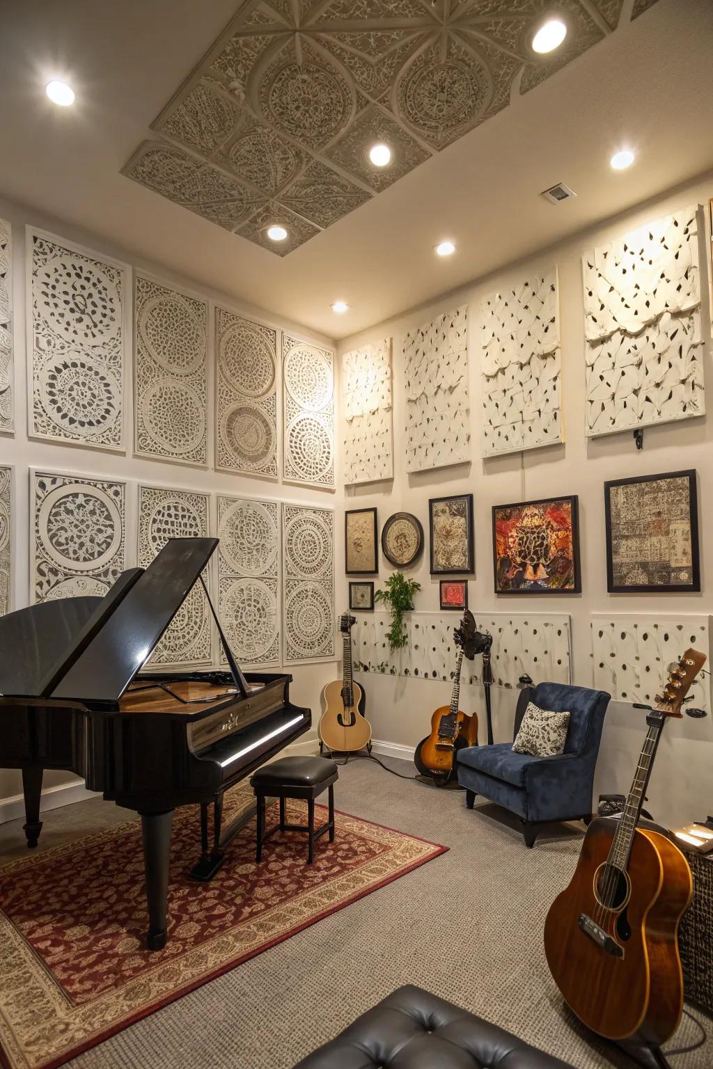 Acoustic panels improve sound while beautifying the space.