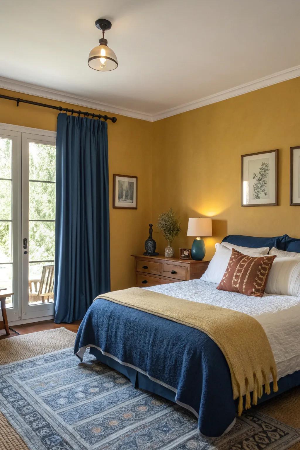 A bedroom using yellow and deep blue designs.