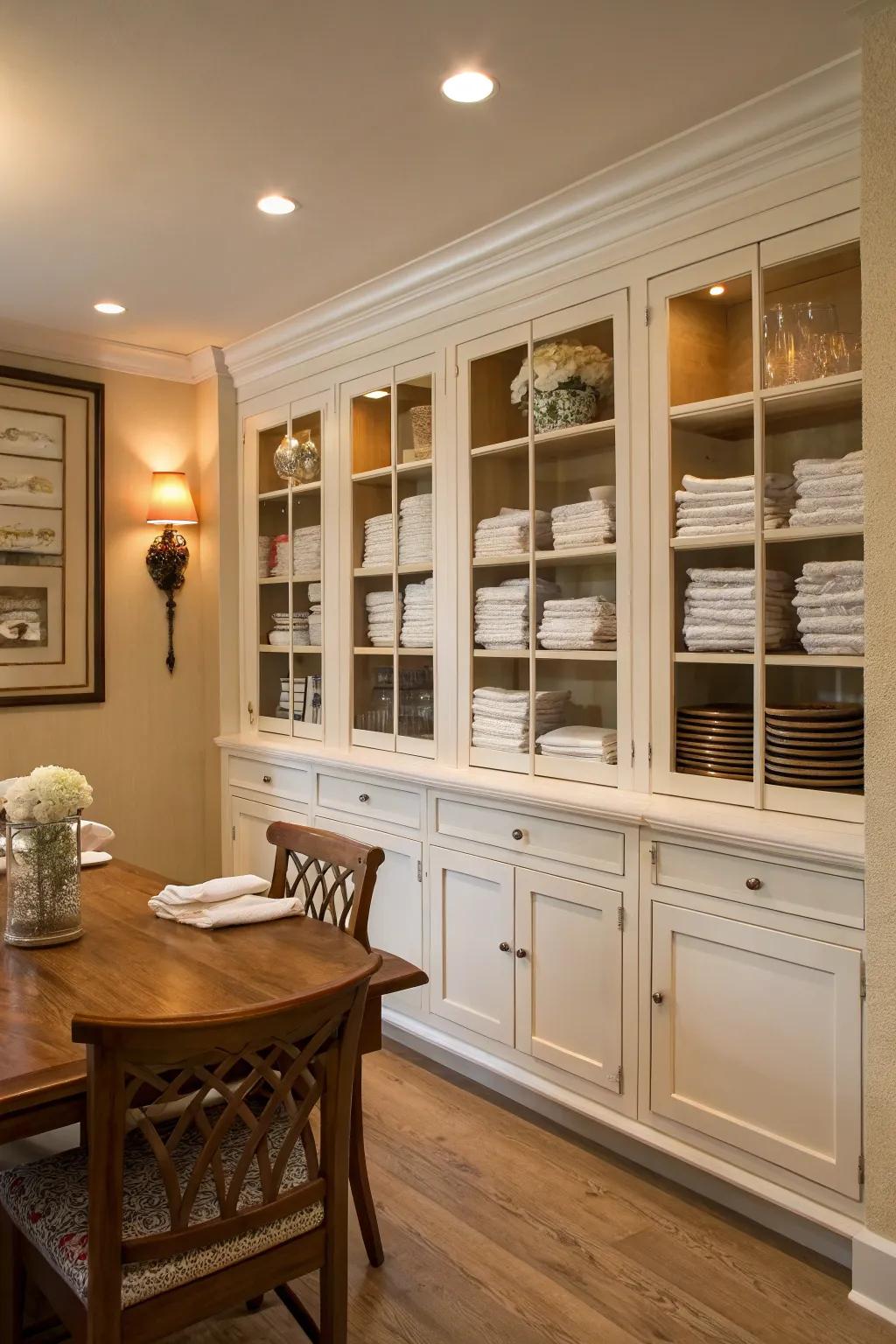 Custom built-in cabinets offer a refined solution for organizing napkins.