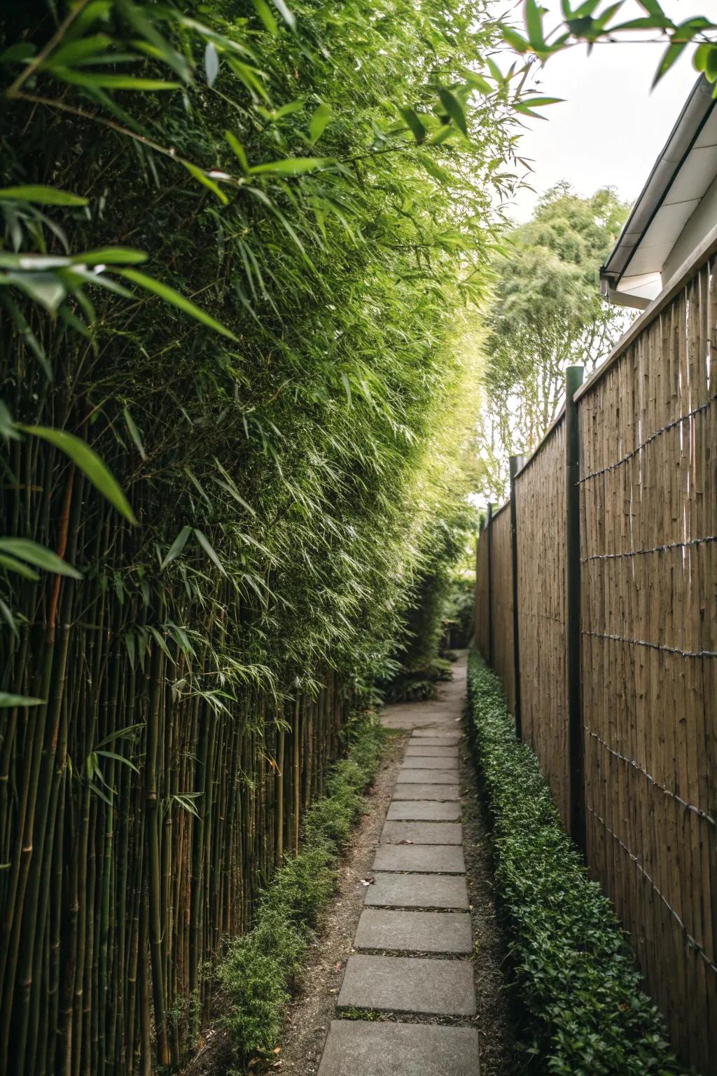 Lofty flora fashions a private retreat in a slim garden.