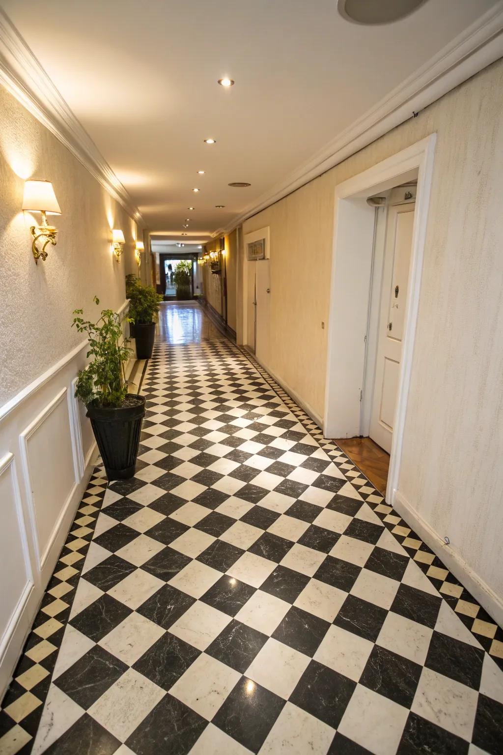 Black and white tile adds a traditional and vibrant touch to narrow hallways.