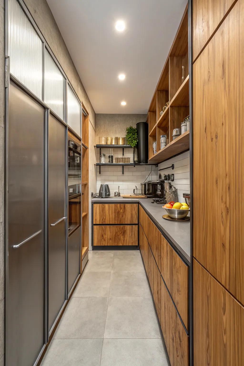 Merged materials in slim cabinets adding texture and interest.