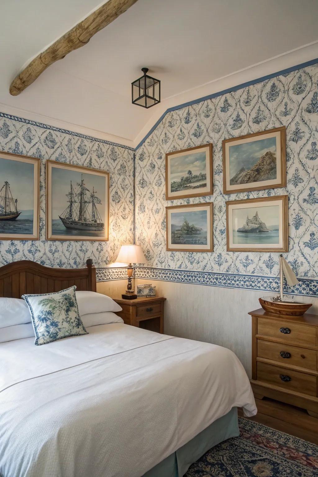 Coastal art pieces add depth and character to the room.