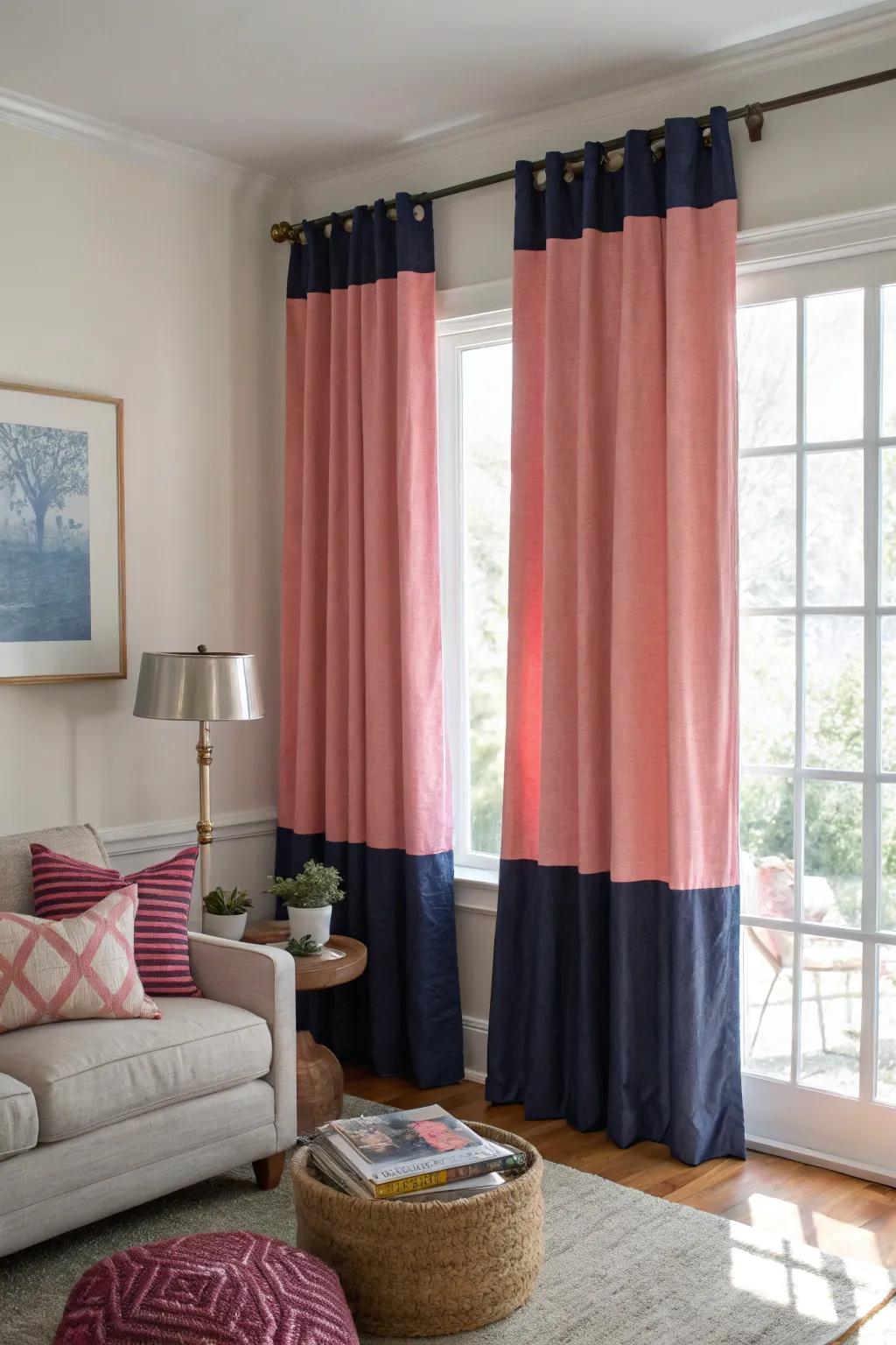 Layered curtains in pink and navy create a dynamic look.