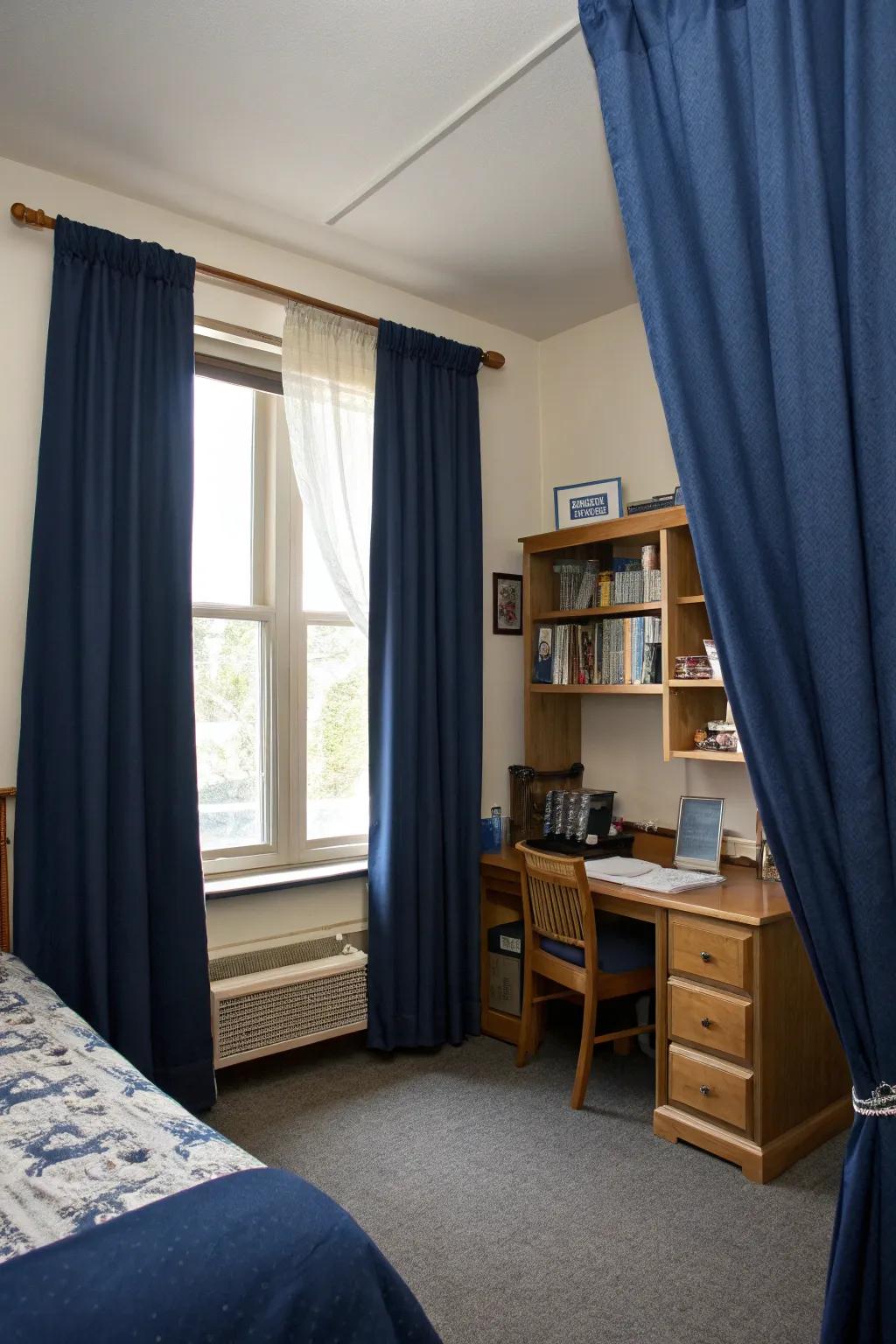 Ocean blue curtains enhance both privacy and style.