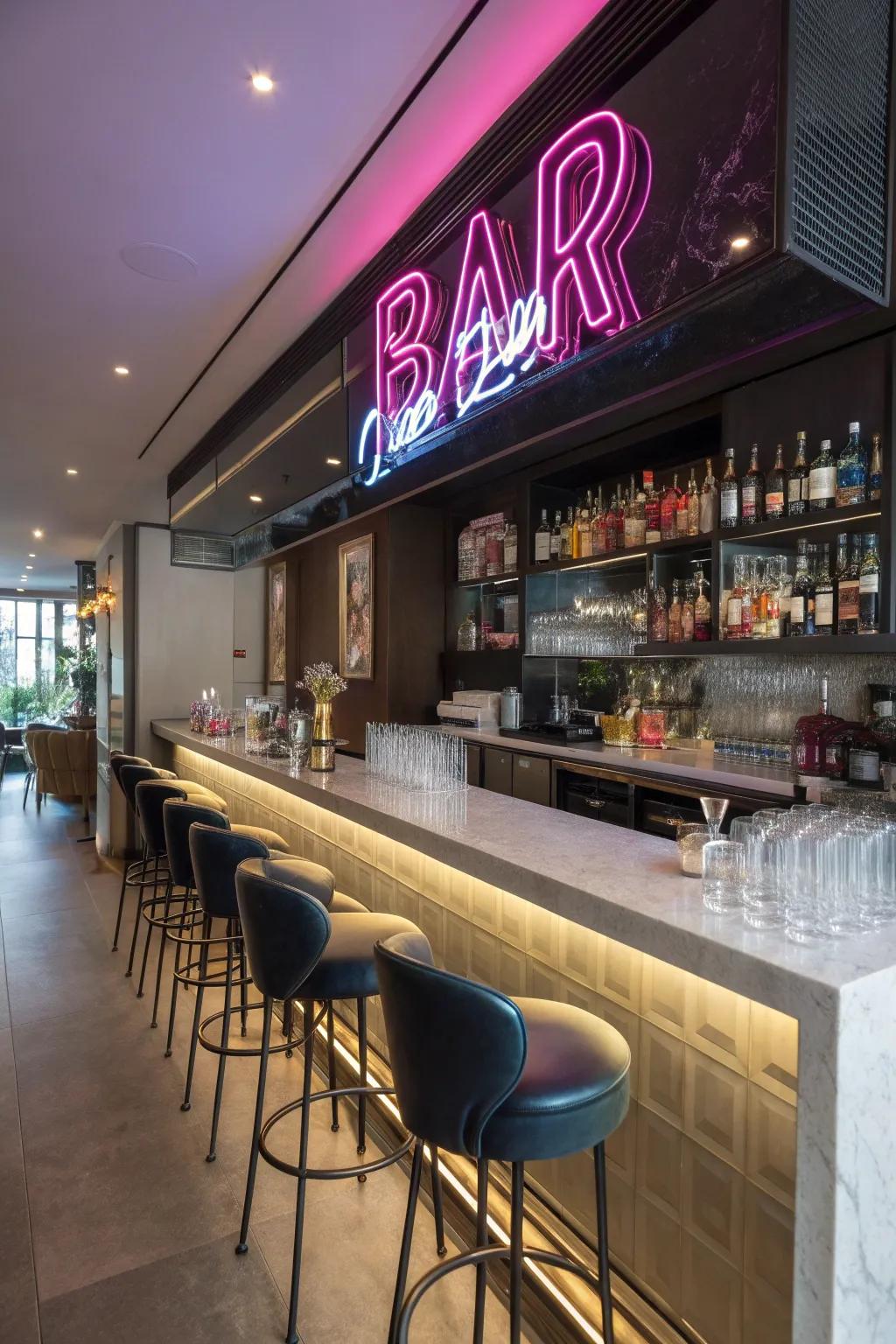 Elevate your residence imbibing area with a vibrant neon design.