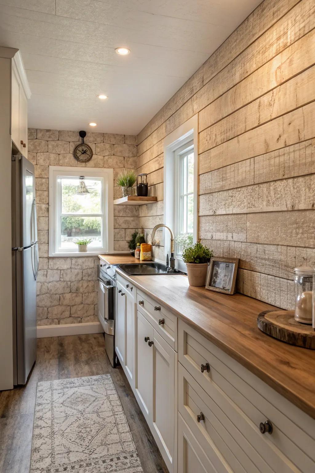 Textured wall finishes add subtle depth to a neutral kitchen.