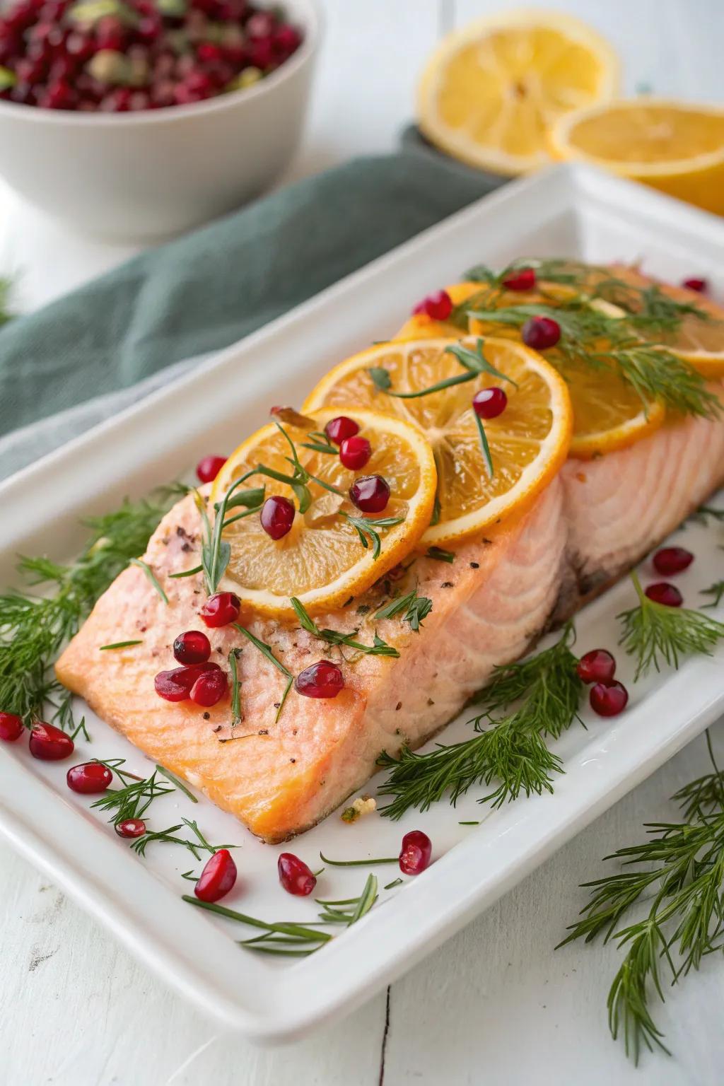 Orange pomegranate salmon, offering a burst of color and flavor for your New Year's dinner.