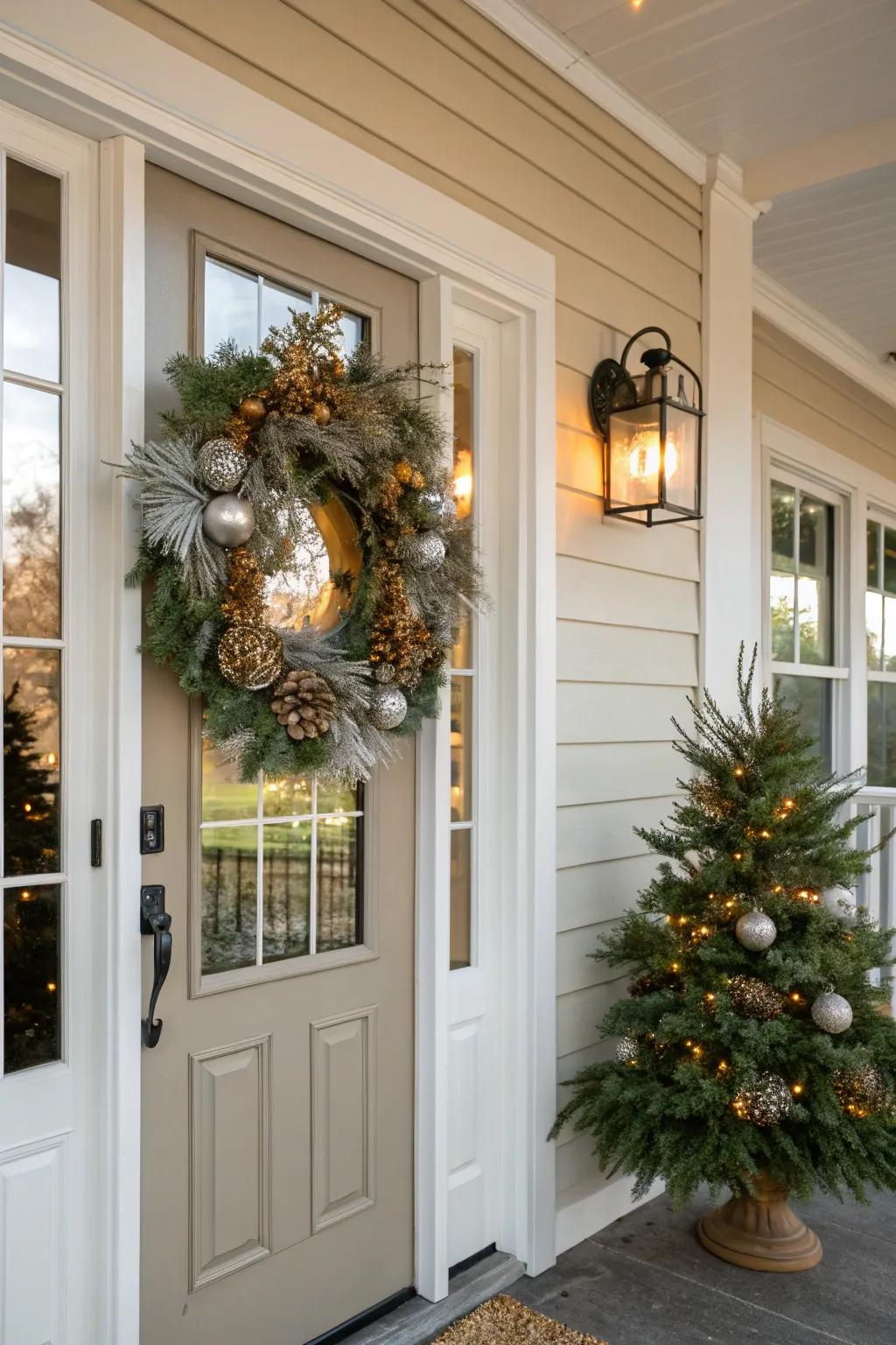 A festive wreath on the front door sets the welcoming tone.