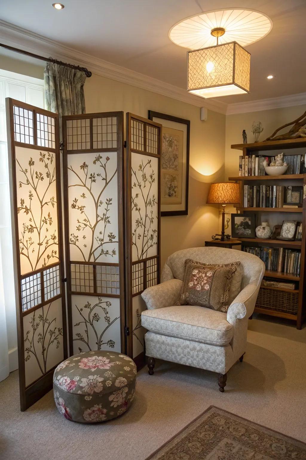 A stylish nook enhanced by a decorative folding screen for added privacy.