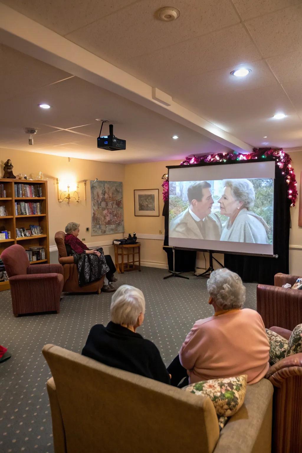 A cozy movie screening of classic romantic films for Valentine's Day.