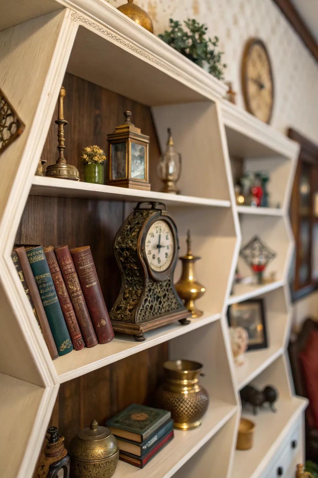 Vintage finds add character to octagon shelves.