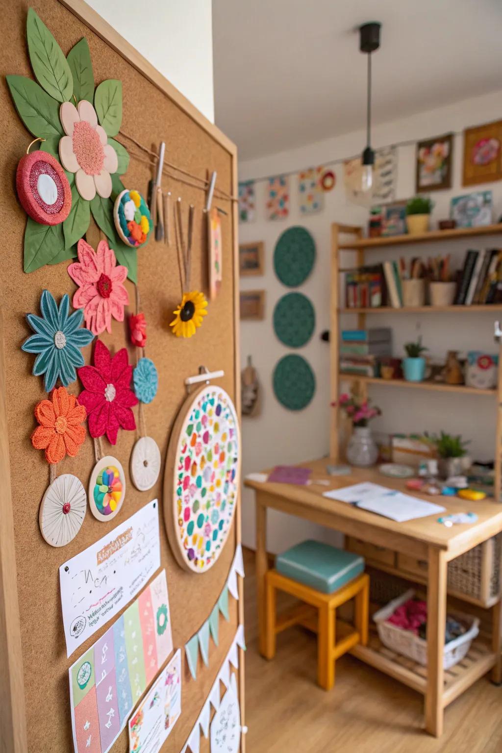 A craft room bulletin board displaying DIY creations.